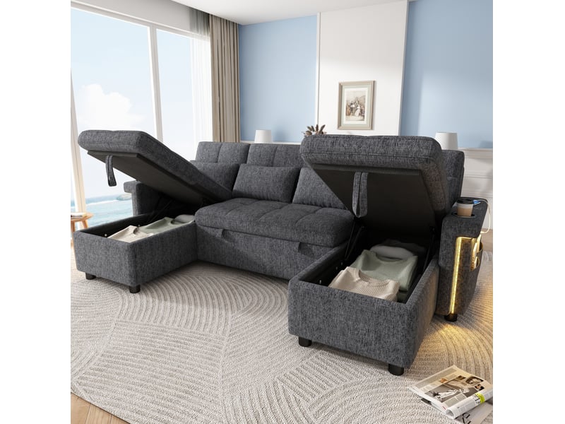 Canapé panoramique en u convertible avec coffres, led, usb-c, dossier réglable et chenille gris 268,5 × 141,5 × 90 cm - Conforama B