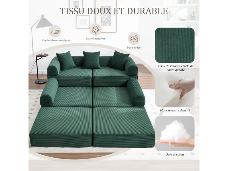  Canapé modulable vert en velours côtelé 270 x 180 x 64 cm, compressé, poche latérale, convertible salon séjour W2845S00494 - Conforama E