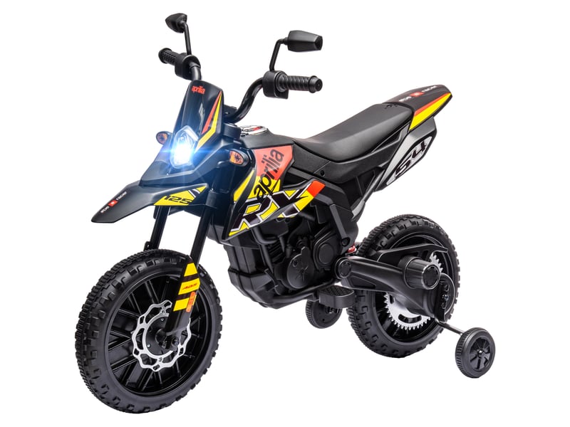  Moto électrique enfants sous licence aprilia avec 2 moteurs 12v, roues d'entraînement, lumière led, musique - jaune  - Conforama B
