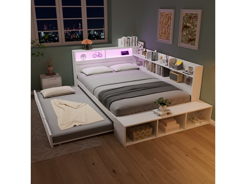  Lit combiné 120 x 200 cm en bois avec lit gigogne 90 x 190 cm, rangements, led, port de charge et banquette, blanc evarich - Conforama E