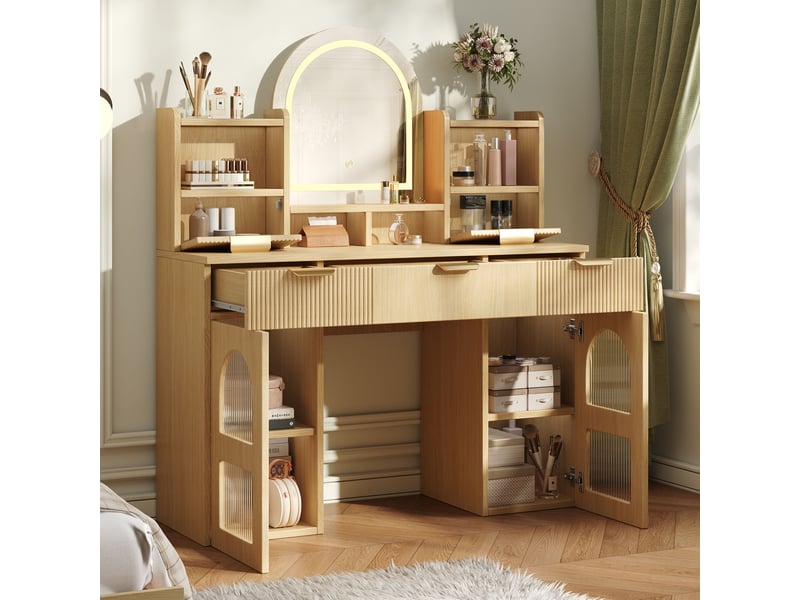  Grande coiffeuse led avec miroir et rangement - 3 tiroirs, 2 vitrines, étagères réglables, bois naturel, 120 x 40 x 139,5 cm  - Conforama C