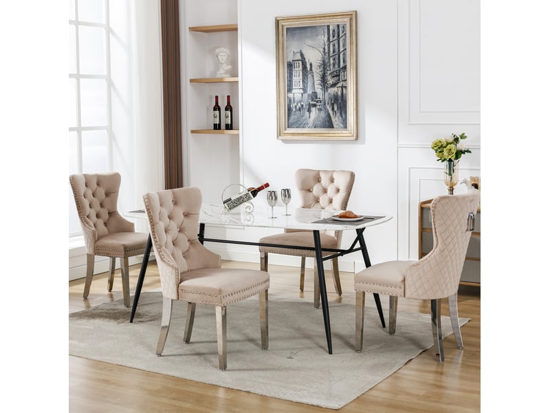  Chaise de salle à manger 53x62.5x94.5 cm lot de 4 en velours beige, dossier muni d'une poignée  - Conforama D