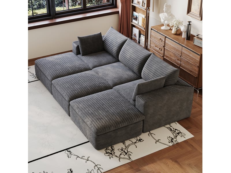  Canapé modulaire 6 places à coussins amovibles, soutien en mousse, sans montage, en velours côtelé gris foncé  - Conforama E