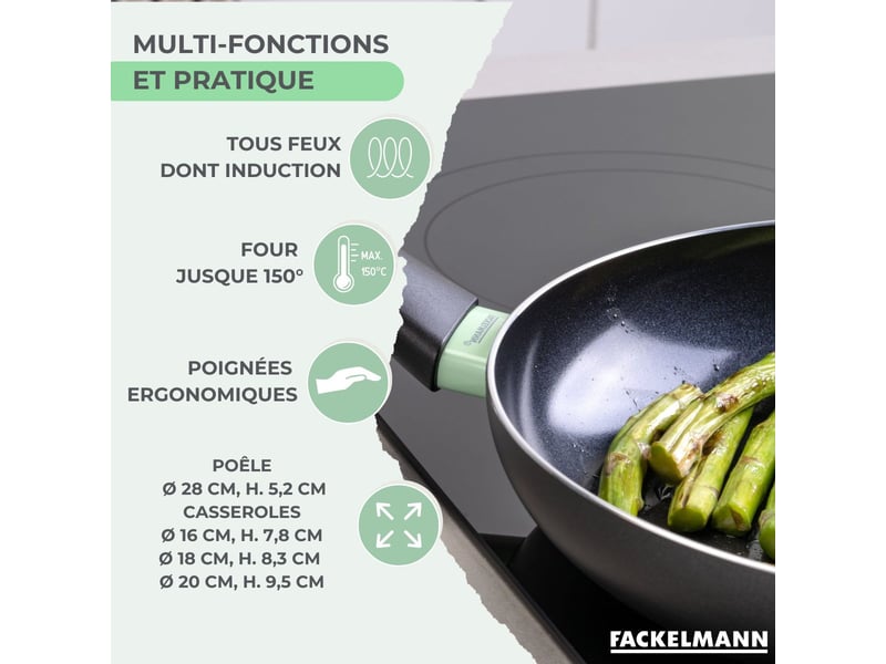 Lot poêle 28cm et 3 casseroles 161820cm fackelmann brandao avec 5 ustensiles vario 9221350B - Conforama C