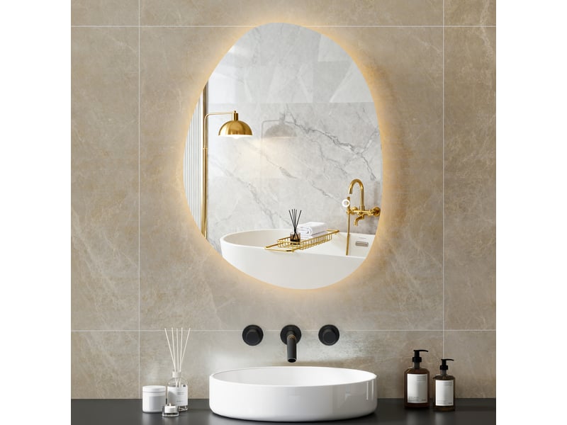  Miroir de salle de bain asymétrique 70 x 50 cm avec éclairage led, interrupteur tactile intelligent, fonction antibuée, argent  - Conforama D