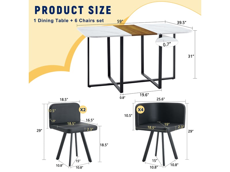  Ensemble table et chaises avec 1 table et 6 chaises  - gain de place - mdf, métal et pu - blanc et bois  - Conforama D