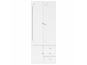 Armoire enfant 2 portes avec tiroirs, penderie, mdf blanc, poignées en céramique rose, finition laquée