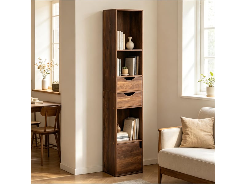 Bibliothèque haute étroite moderne, étagère de rangement salon et bureau avec présentoir - Conforama E