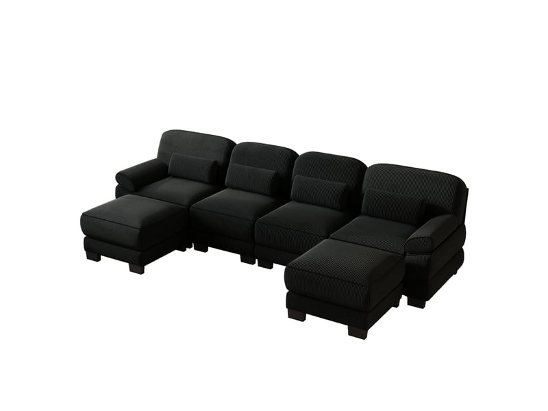  Canapé modulable u 4 places en velours côtelé noir avec 2 ottomans et assise profonde  - Conforama D