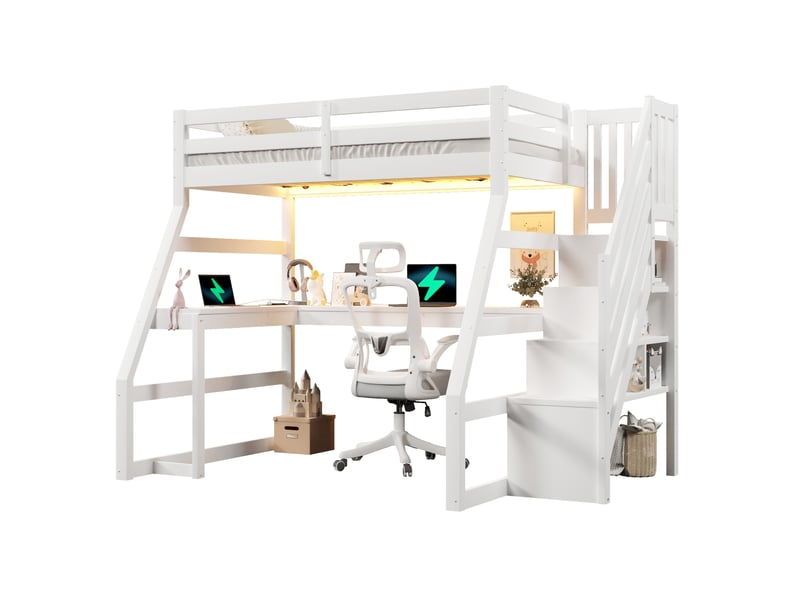  Lit mezzanine enfant 90 x 200 cm avec bureau, escalier de rangement, led et usb blanc  - Conforama A