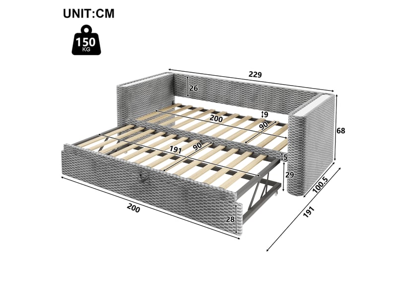  Canapé lit velours gris lit gigogne 90x200 extensible 180x200 avec led  - Conforama C