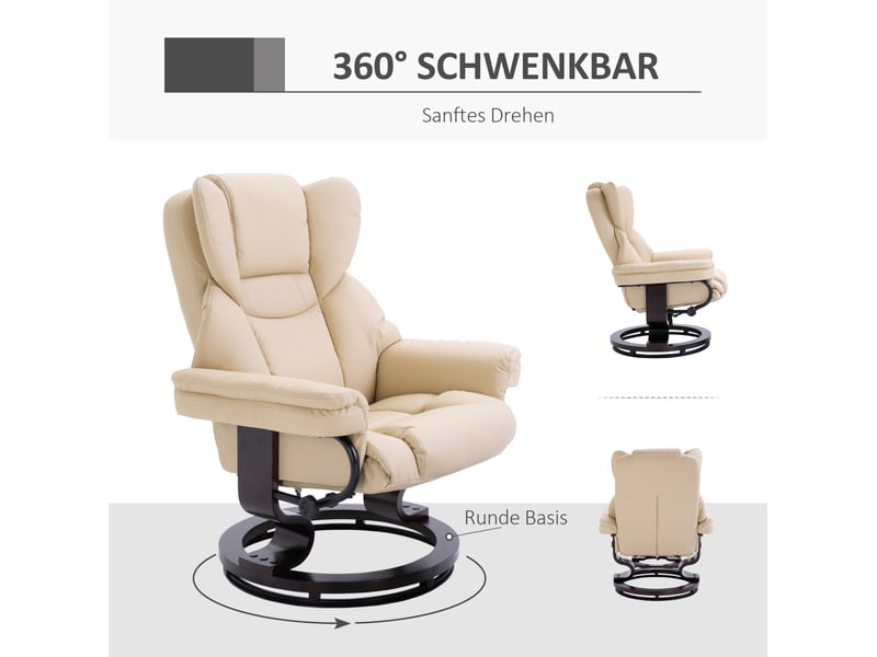 Fauteuil relax pivotant avec dossier inclinable 145° et repose-pieds, en bois et métal crème - Conforama D