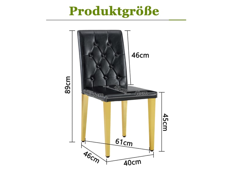  Chaises de salle à manger lot de 4 avec dossier matelassé  - pieds métal doré, simili cuir noir  - Conforama D