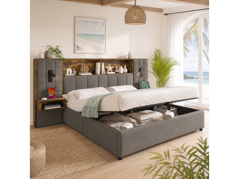 Lit coffre 180 x 200 cm gris avec éclairage led, liseuses et chevets intégrés - Conforama C