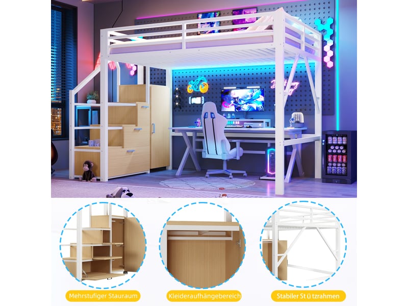  Lit mezzanine 2 places 140×200 cm, armoire, led et rangements  - sans matelas, métal et mdf - blanc  - Conforama E