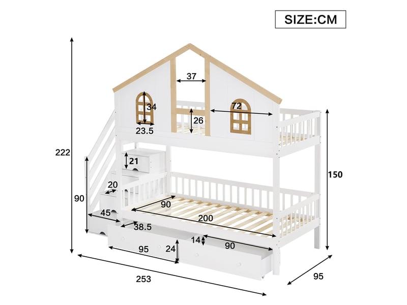  Lit superposé enfant 90x200 cm – blanc et naturel – escalier avec rangement et 2 tiroirs à roulettes  - Conforama C