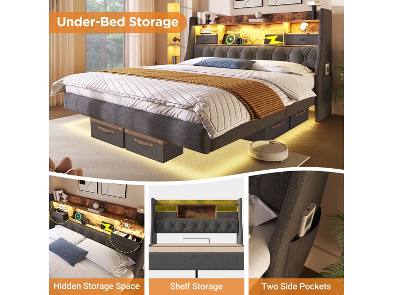  Lit adulte 180 x 200 cm, cadre de lit avec rangement, tiroirs de rangement, étagères ouvertes, éclairage led, ports usb et usb-c, lin, gris Morn Vibe - Conforama E