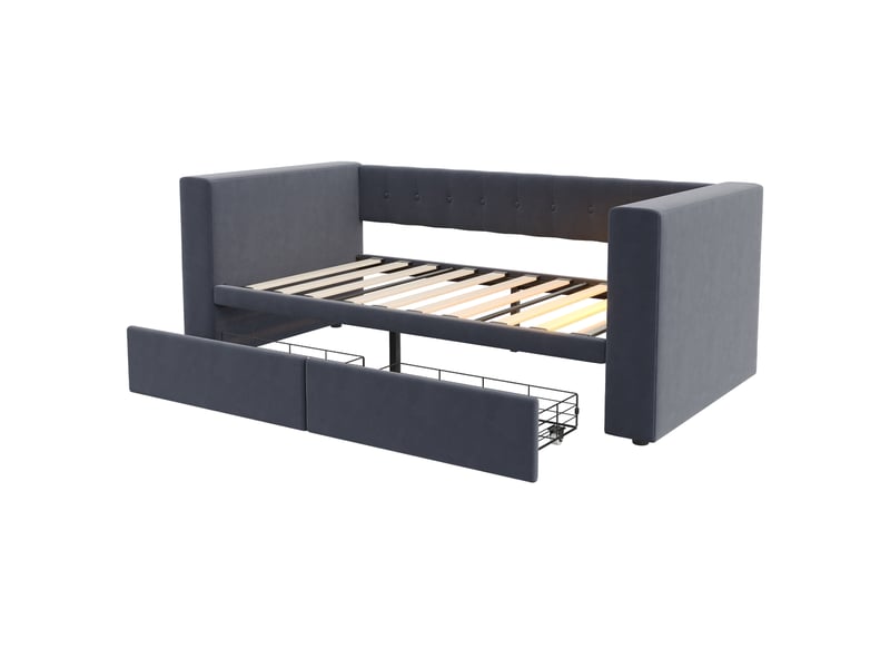  Lit simple 90x190 cm avec 2 tiroirs et led, flanelle, gris foncé, sans matelas  - Conforama E