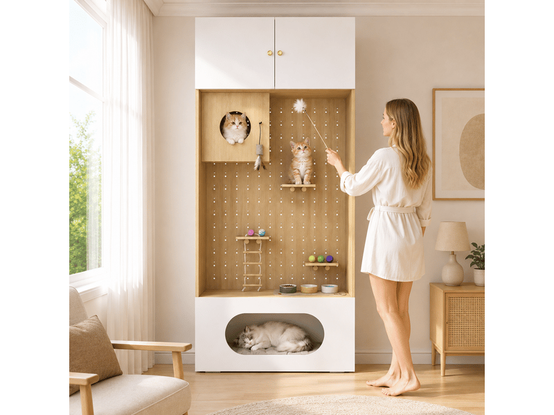 Meuble vertical multifonction avec niche, plateformes et rangement, 90 x 50 x 200 cm, blanc effet bois - Conforama B