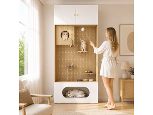 Meuble vertical multifonction avec niche, plateformes et rangement, 90 x 50 x 200 cm, blanc effet bois
