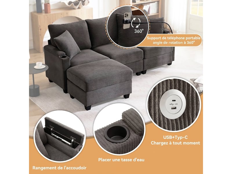  Canapé d'angle réversible 3 places avec pouf - velours côtelé gris foncé - port usb &amp; porte-gobelet  - Conforama E