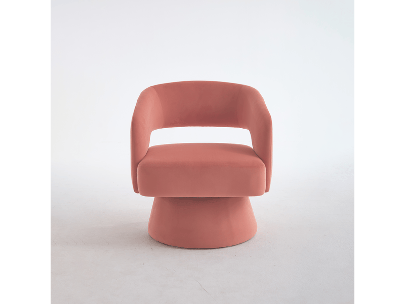 Fauteuil pivotant avec dossier ouvert, accoudoirs incurvés et assise rembourrée, en chenille et bois rose - Conforama A