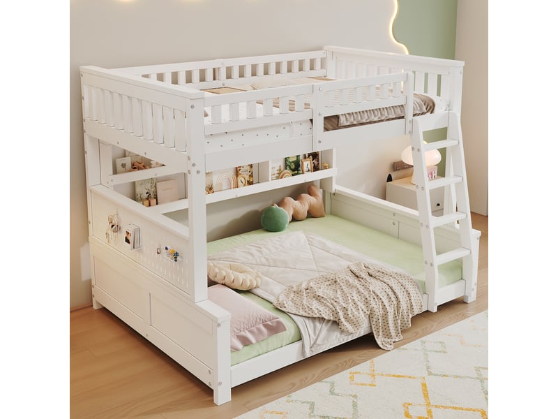  Lit superposé familial 120x200140x200cm séparable en 2 lits, avec échelle, double étagère et panneau perforé, bois massif et mdf, blanc evarich - Conforama E