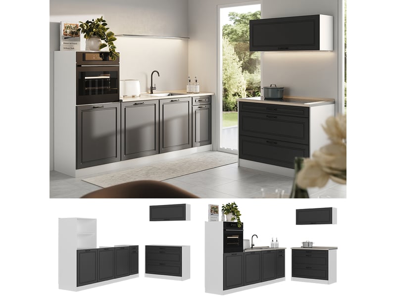  Vicco cuisine, anthracite campagneblanc, 220cm plan de travail chêne doré  - Conforama D