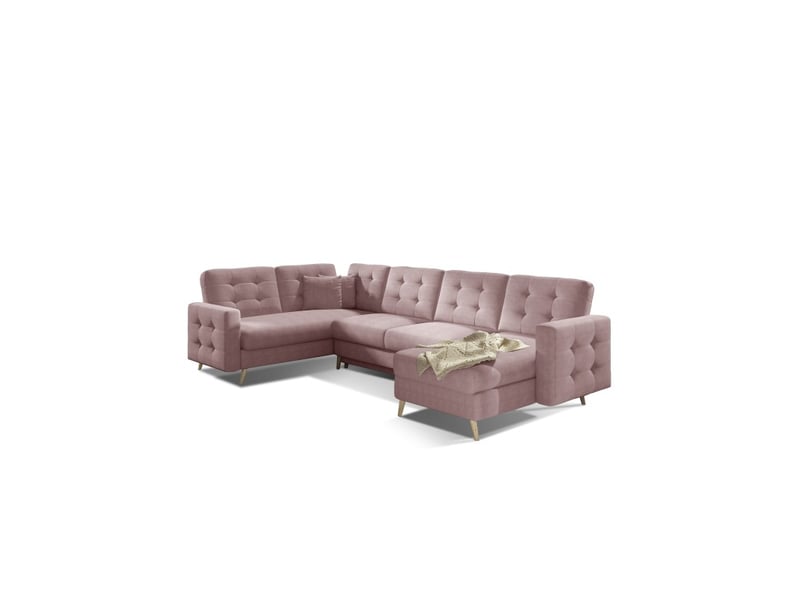  Canapé d'angle panoramique convertible u hasgard 326 cm rose chenille avec coffre  - Conforama A