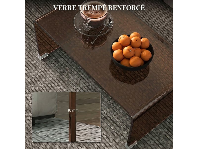  Table basse en verre, table de salon rectangulaire design moderne avec bords arrondis sûrs, marron transparent  - Conforama D