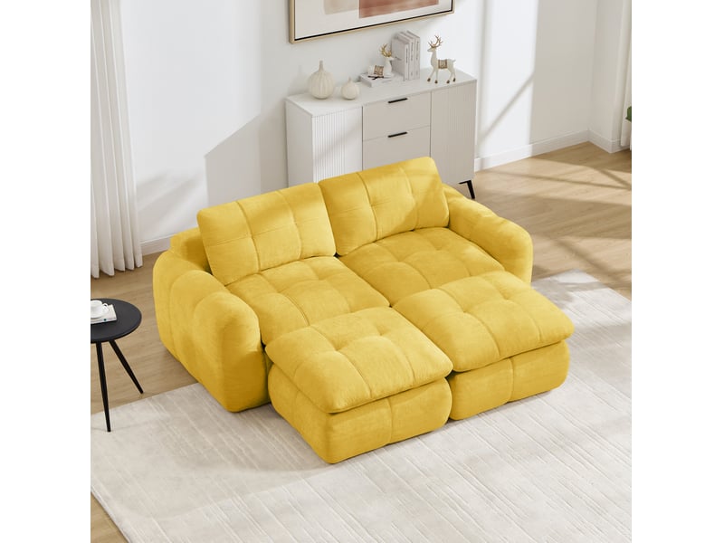 Canapé modulable 2 places 194x160x68 cm, mousse haute densité 32d, 2 poufs, assise spacieuse et profonde, revêtement en chenille, jaune - Conforama D