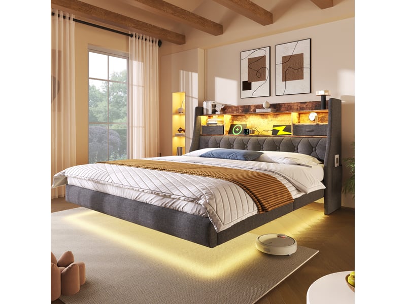  Lit double 140 x 190 cm gris avec tête de lit de rangement, led et ports de charge  - Conforama C