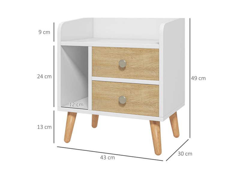  Table de chevet en pin avec 2 grands tiroirs, 1 étagère ouverte et pieds surélevés, design nordique, 43 x 30 x 49 cm  - Conforama E