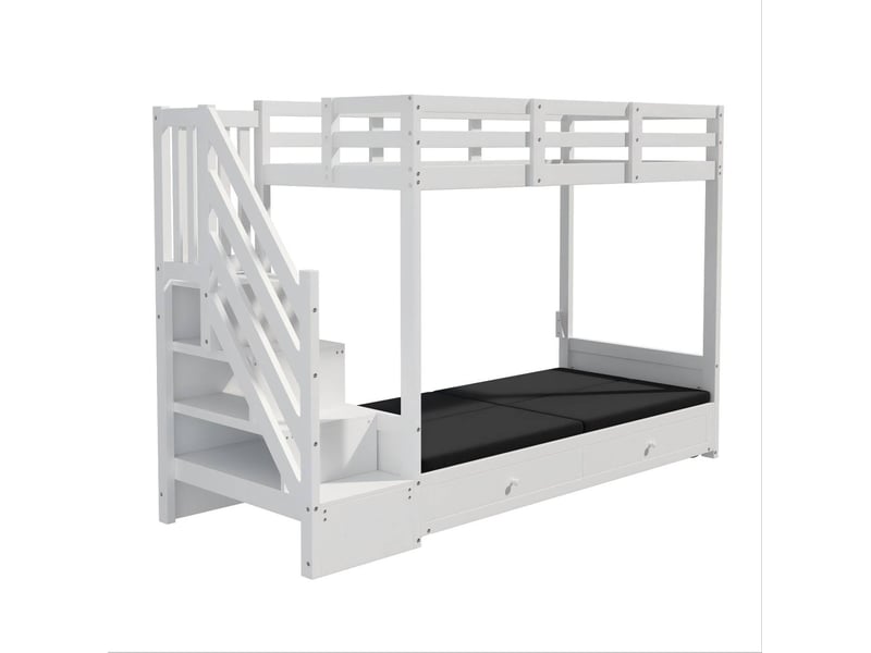 Lit superposé enfant 90x200 cm – blanc – banquette réglable, escalier de rangement et 2 tiroirs – sans matelas - Conforama D