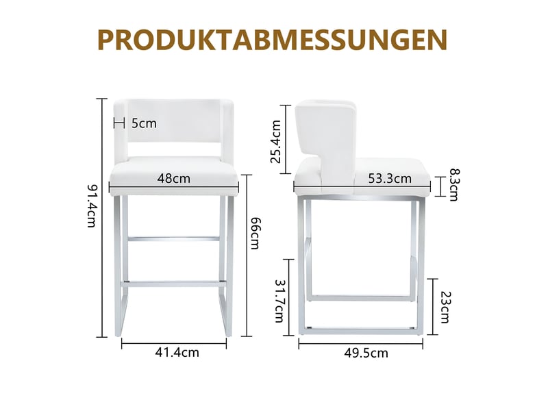  Tabouret de bar lot de 2 avec assise rembourrée carrée et structure stable, en métal et simili cuir blanc argenté  - Conforama D