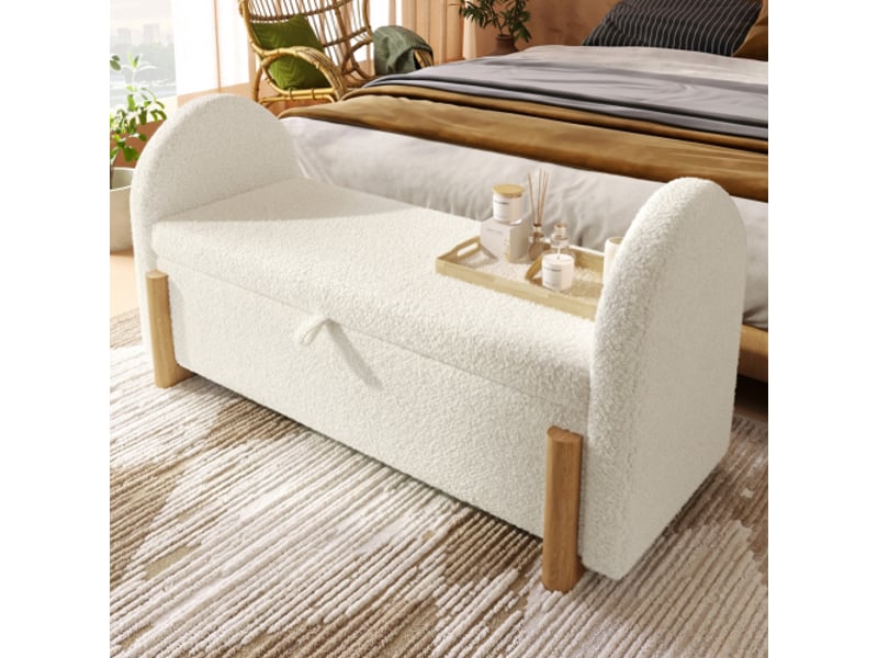  Banc de lit 106 cm - banc coffre de rangement bouclé blanc - ouverture hydraulique - pieds en bois massif  - Conforama B