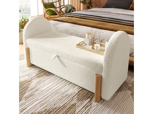 Banc de lit 106 cm - banc coffre de rangement bouclé blanc - ouverture hydraulique - pieds en bois massif