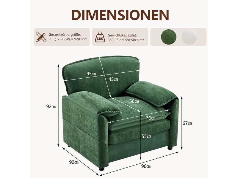  Canapé droit fixe 1 place en velours côtelé vert foncé avec 2 poches latérales, idéal pour petits espaces  - Conforama C