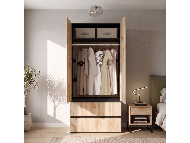  Armoire penderie tcqpz 90 x 50 x 200 cm 2 portes 2 tiroirs mdf et panneaux de particules décor bois  - Conforama E