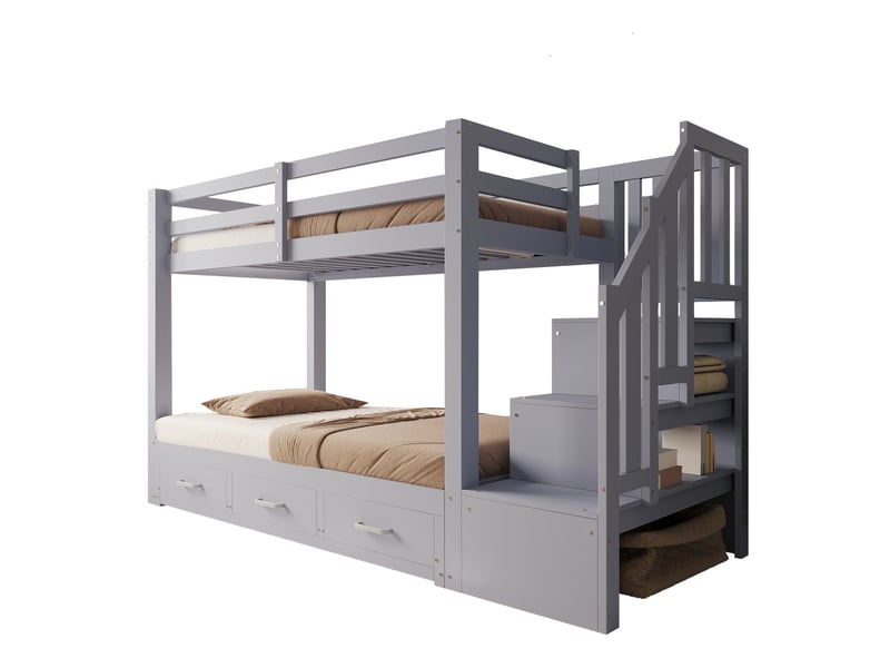  Lit superposé 90x200180x190cm escalier rangement - lit double - bois massif, lit extensible, 3 tiroirs, gris  - Conforama E
