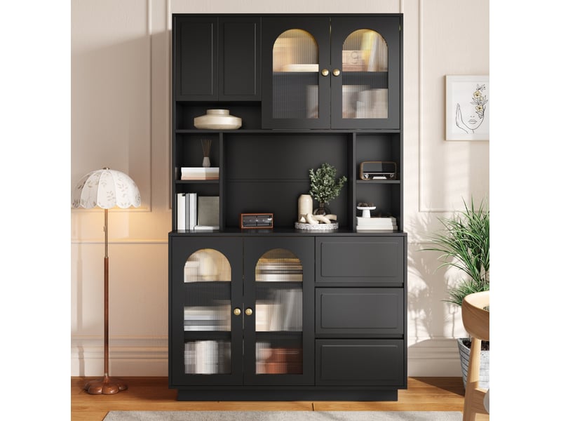 Buffet de cuisine haut avec 6 portes, 3 tiroirs et led pilotée par application en mdf noir pour salle à manger - Conforama B