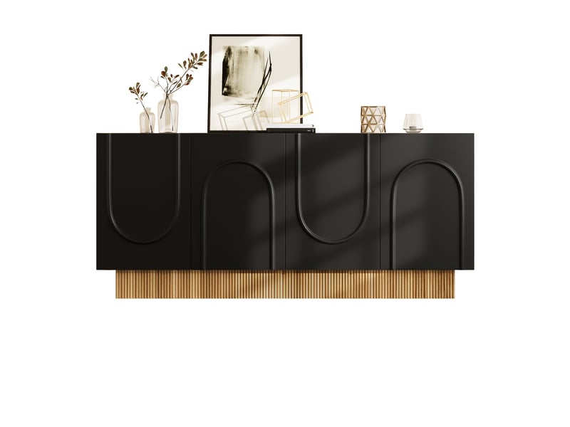  Buffet 160x75x38 cm avec 4 portes, meuble de rangement à 4 compartiments, façades à relief en u et socle décor bois, finition mate, noir Seren Glow - Conforama A