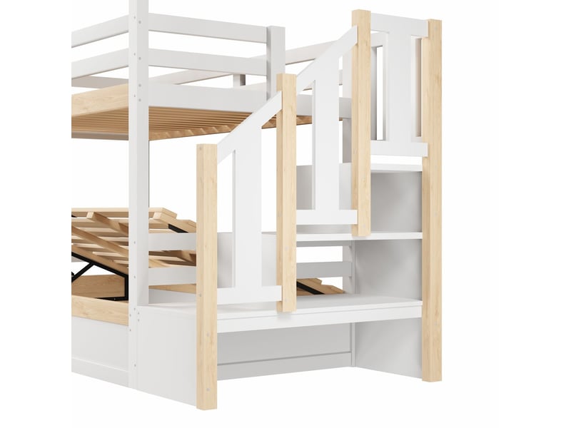 Lit superposé 90 x 200 cm structure hydraulique barrière de lit rangement sous le lit décoration de fenêtre et maison blanc et naturel - Conforama D