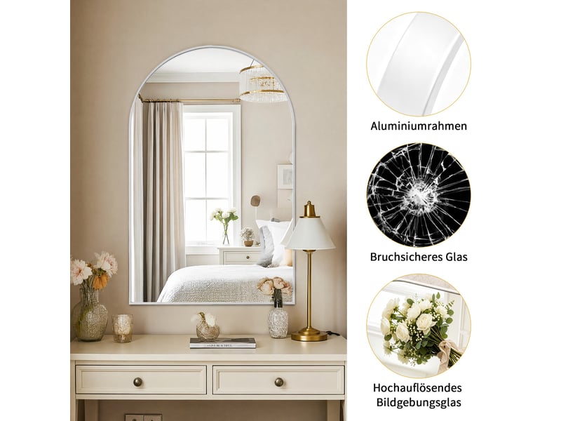  Miroir arqué mural 91x61 cm, miroir de adapté à salle de bain chambre et salon, cadre aluminium renforcé incassable, verre trempé, blanc  - Conforama D