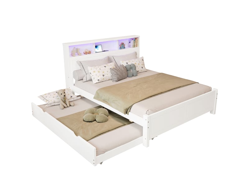 Lit 120x200 cm blanc avec lit gigogne 90x190 cm, led et ports de charge - Conforama A