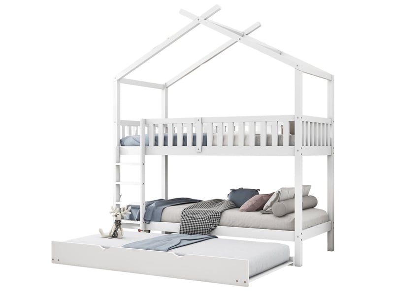  Modenvie lit cabane gigogne 90x200 cm - 3 couchages, structure en pin massif, sans matelas - blanc  - Conforama A