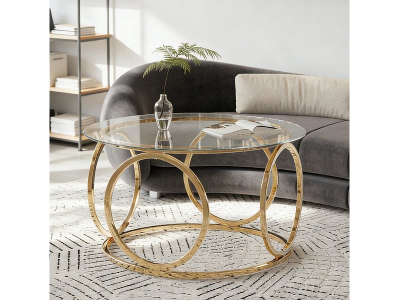Table basse ronde 80x80x45 cm en verre trempé et métal doré - Conforama D