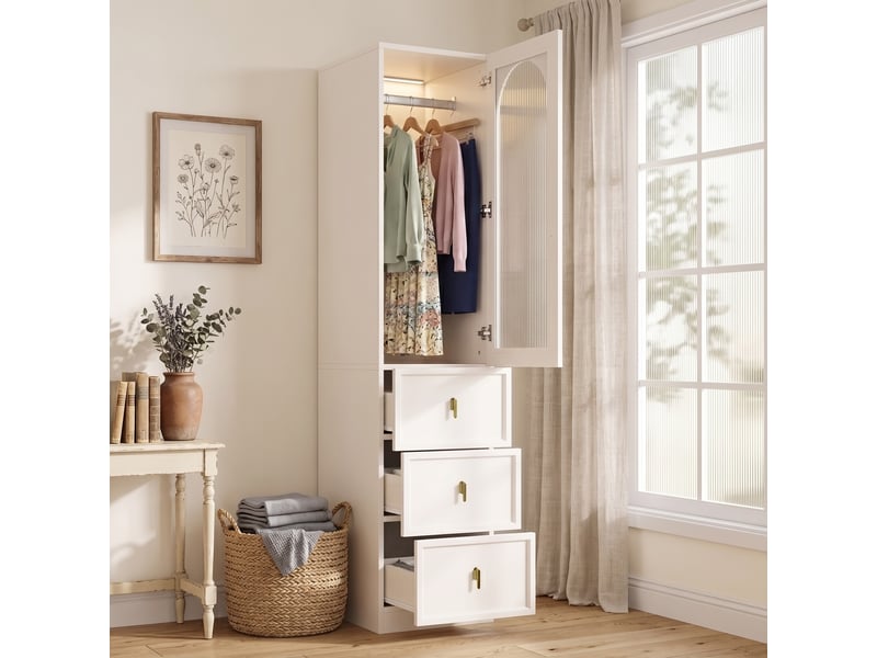  Armoire penderie 1 porte étroite blanche avec 3 tiroirs - éclairage led 45x48x200 cm  - Conforama W