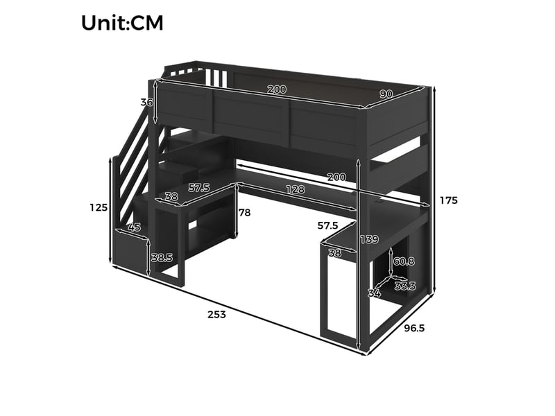  Lit mezzanine modenvie gaming 90 x 200 cm avec bureau, rangement, led et usb noir  - Conforama C