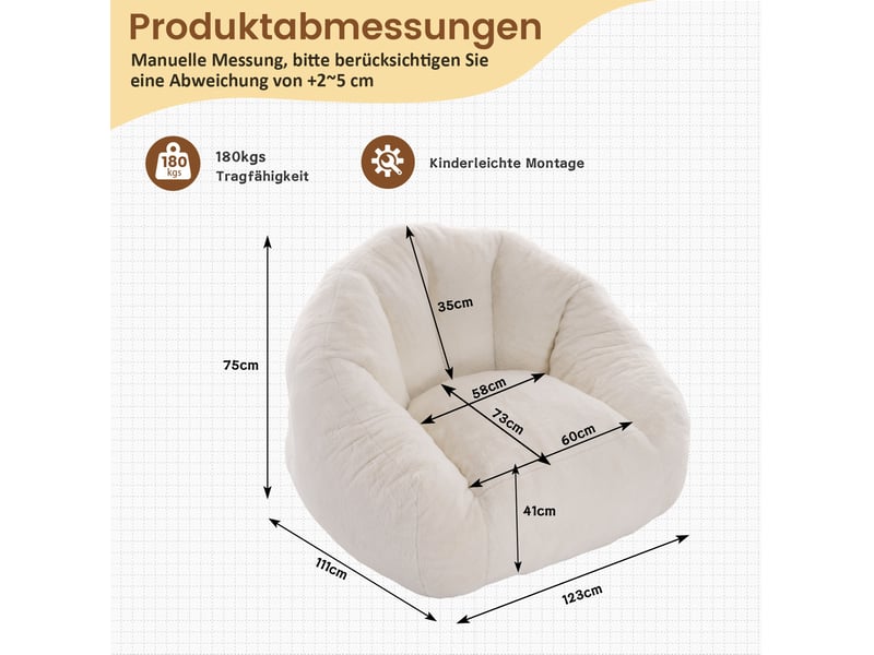  Fauteuil pouf avec dossier enveloppant, rembourrage en mousse et sans montage, en polyester blanc, 123 × 111 × 75 cm  - Conforama E